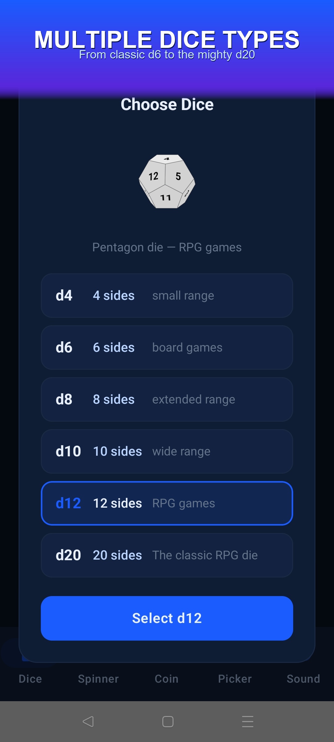Dice type picker